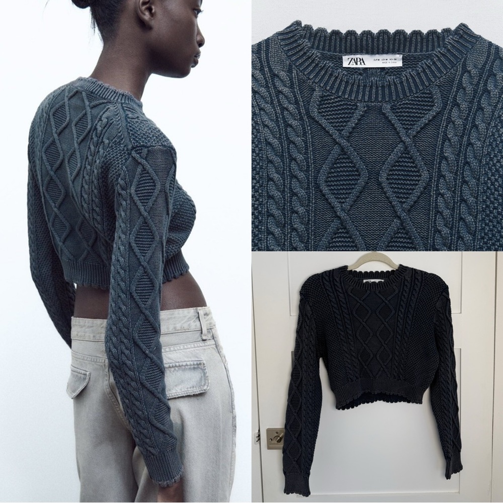 Zara Women's Dark Blue Textured Knit Sweater